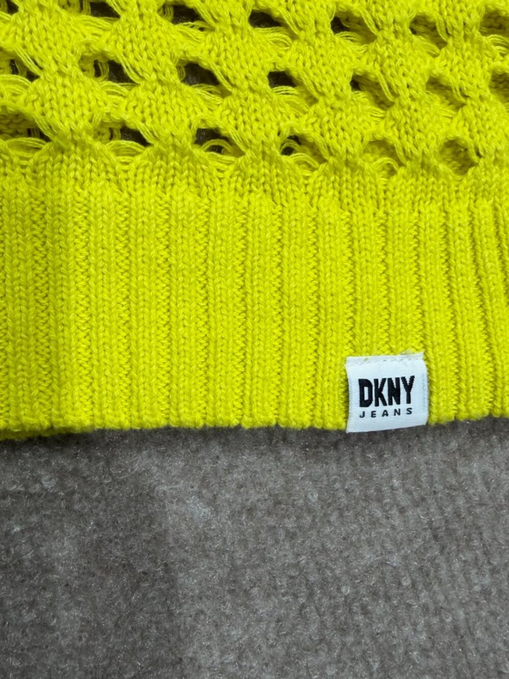DKNY Jeans Neon Yellow V-Neck Open-Knit Crochet Sweater L - Picture 7 of 8